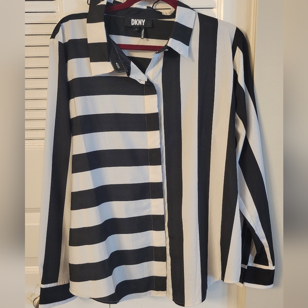 DKNY Women's Black and White Striped Button Down Shirt